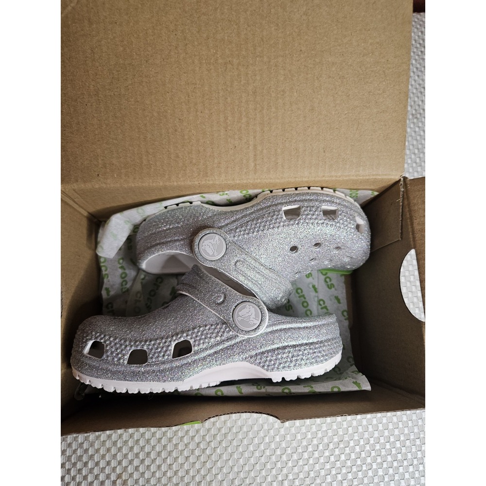Crocs Kids Classic Iridescent Glitter Clogs White Silver Size C7 W/Box